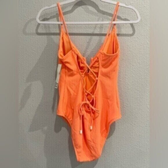 New Sanctuary Lace Up Cut Out Feminine Bright Beach One Piece Plunge Swim Suit - Picture 1 of 8